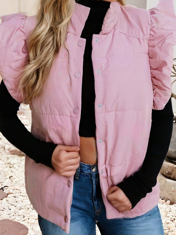LDC Stand Neck Flutter Sleeve Snap Button Puffer Vest for wholesale by Little Daisy Closet