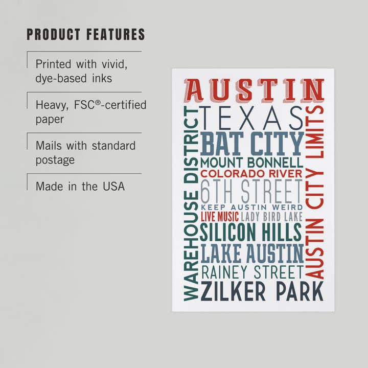 Lantern Press - Wholesale Postcard - PREMIUM POSTCARDS Austin, Texas, Typography