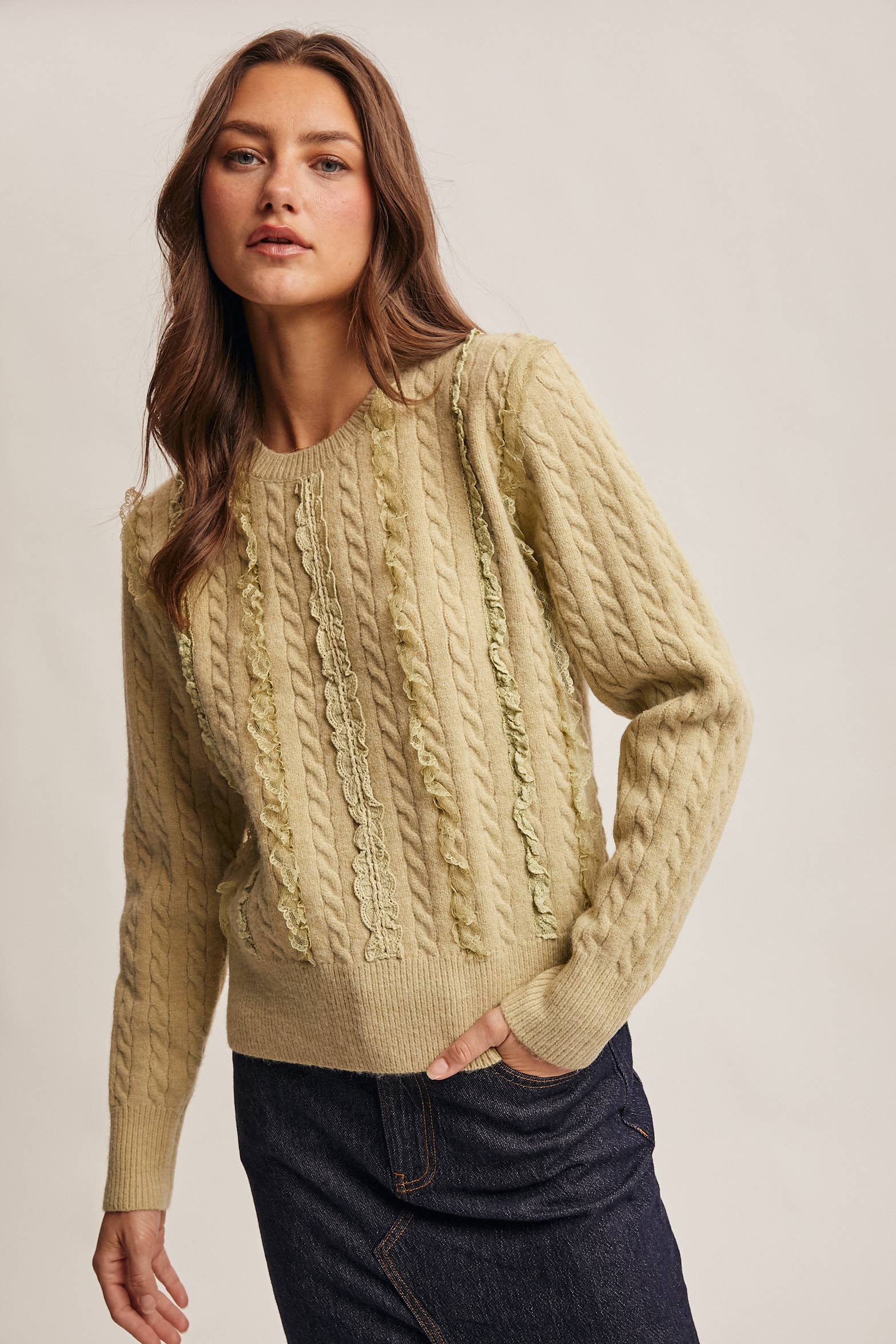 Forte - Wholesale Knit Sweater - Women's - Lace Trim Cable Knit Pullover FSW00102