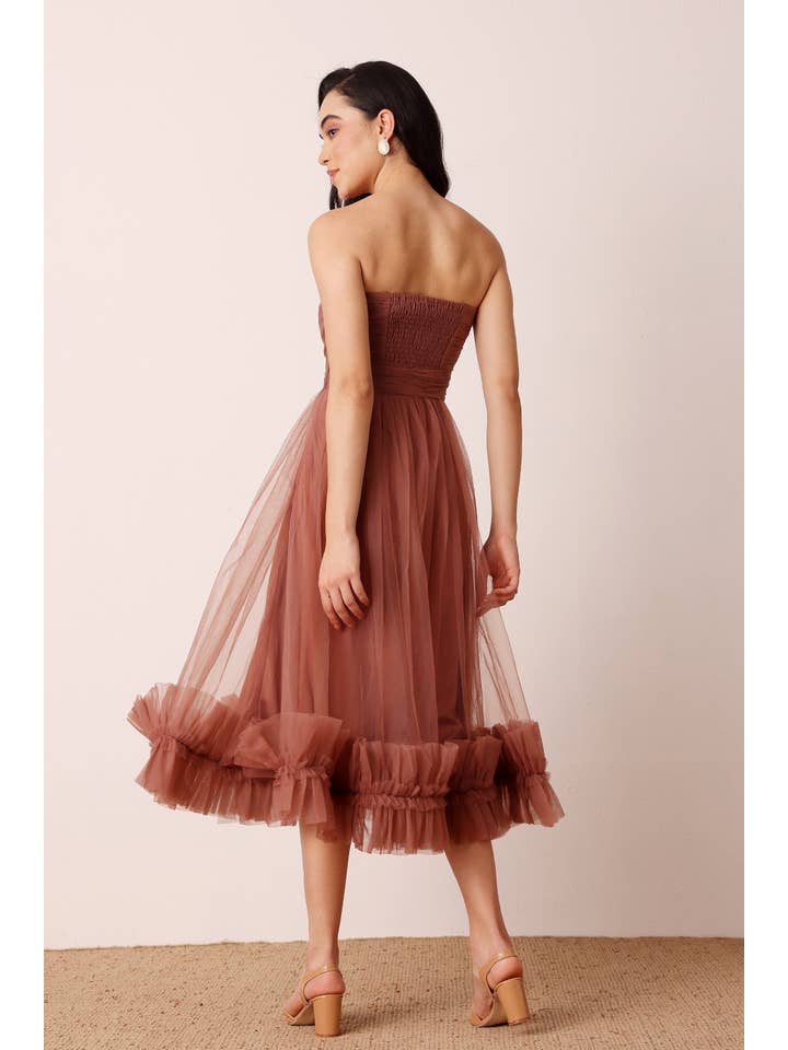 Orion Tulle Midi Dress in Rose Brown for wholesale on Faire2