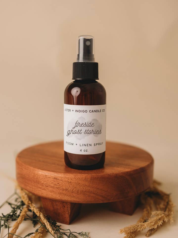 Fireside Ghost Stories | Fall + Halloween Room + Linen Spray for wholesale by Aster + Indigo Candle Co.
