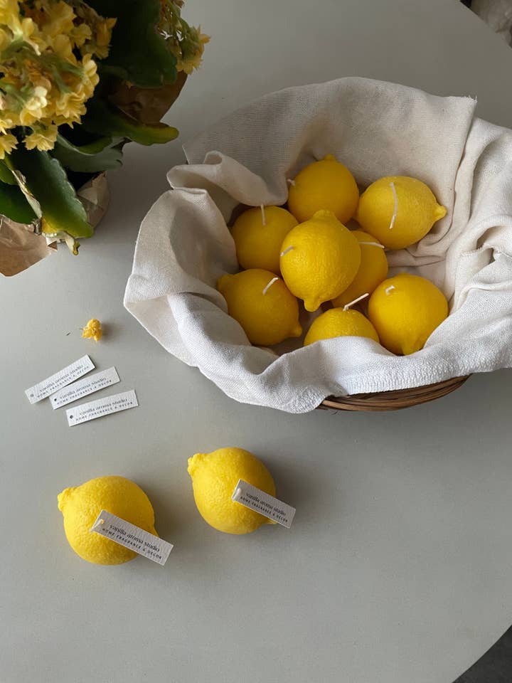 Lemon shaped candle for wholesale by Vanilla Aroma Studio