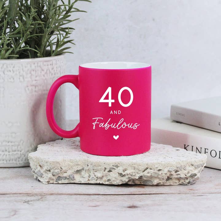 Neon Pink Ceramic Tea Coffee Mug Engraved 40 and Fabulous for wholesale by eBuyGB Craft Blanks