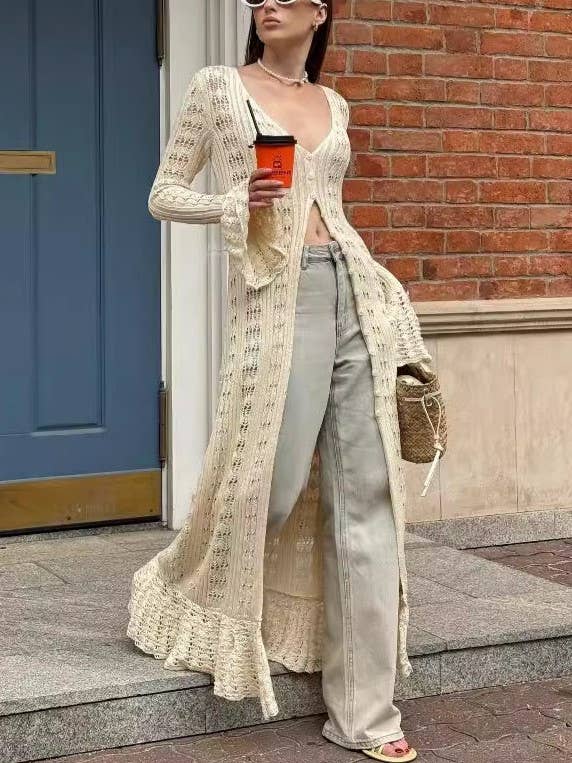 Rosa Clothing - Wholesale Cardigan - Women's - Y2K Hollow Bell Sleeves Crochet Maxi Cardigan