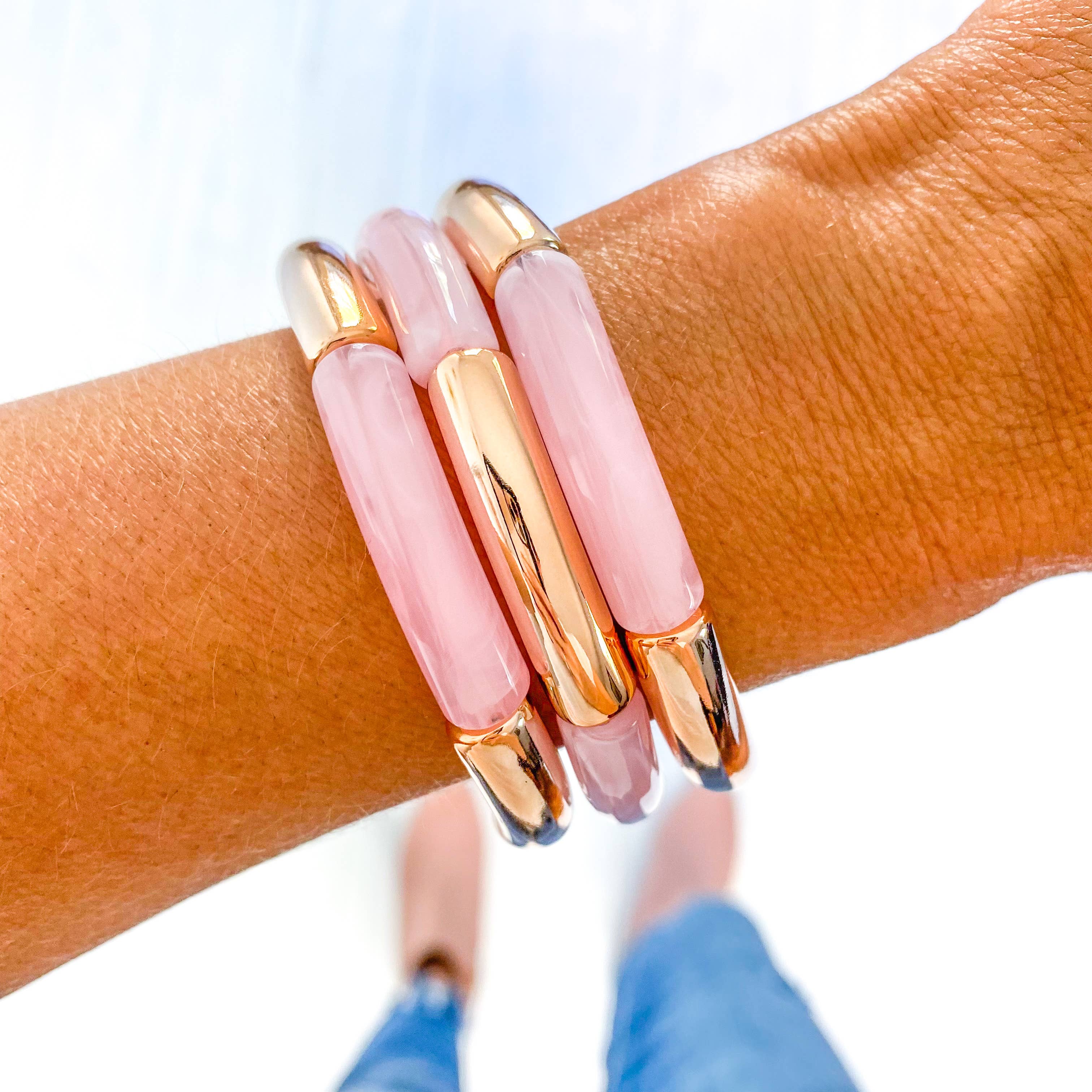 Savvy Bling - Wholesale Bangle Bracelet - Light Pink Marble & Rose Gold Acrylic Tube Bamboo Bracelet1