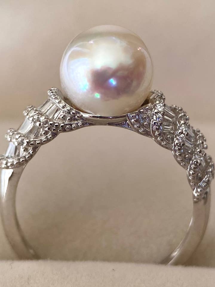 8.5mm Japanese White-Clear Akoya Pearl Ring, Wave-Shaped 925 for wholesale by b29