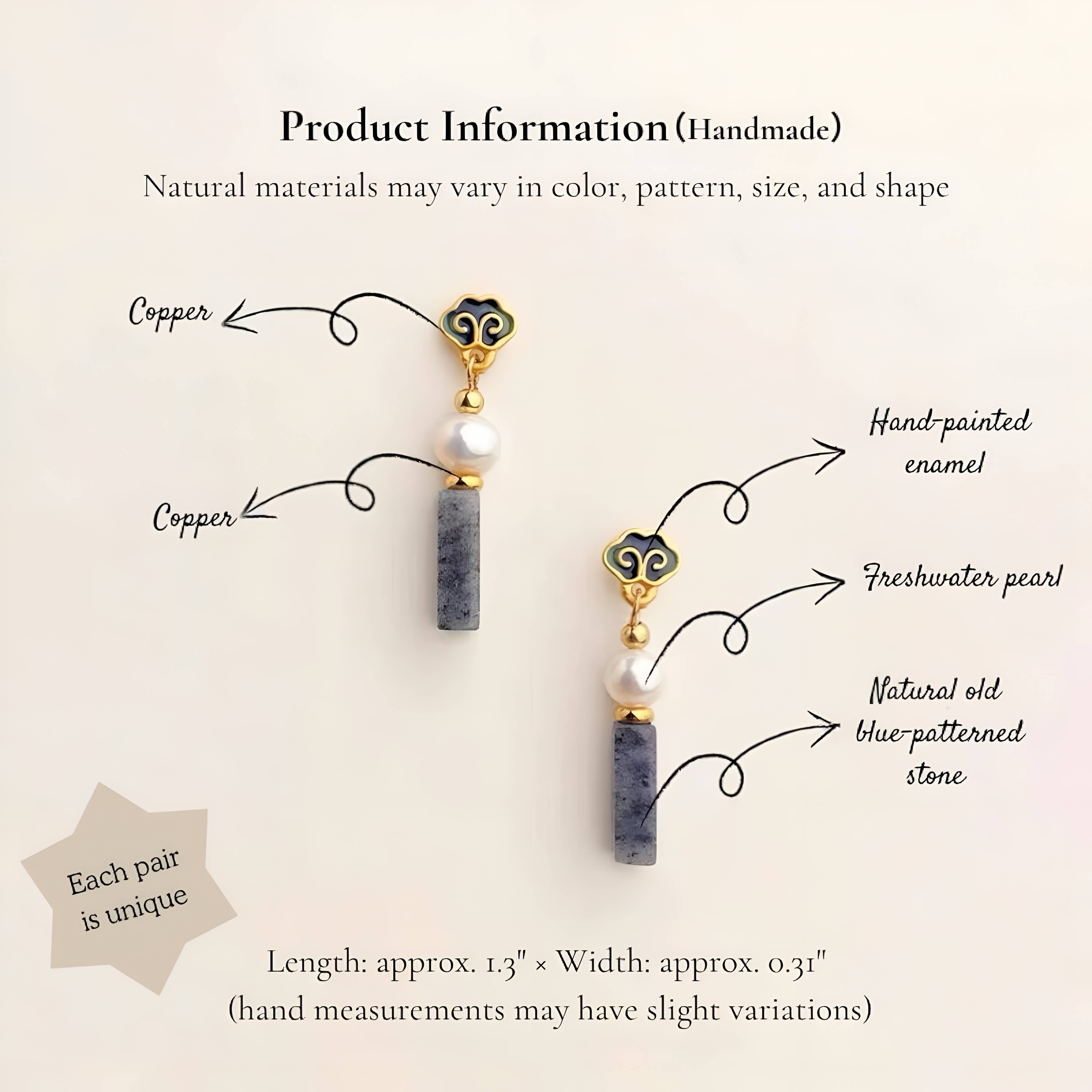 Otterware - Wholesale Dangle Earrings - Handmade Cloisonné Enamel Earrings: Pearl & Jasper, S9252