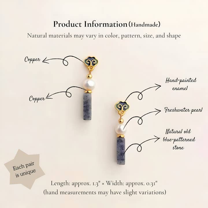 Otterware - Wholesale Dangle Earrings - Handmade Cloisonné Enamel Earrings: Pearl & Jasper, S9252