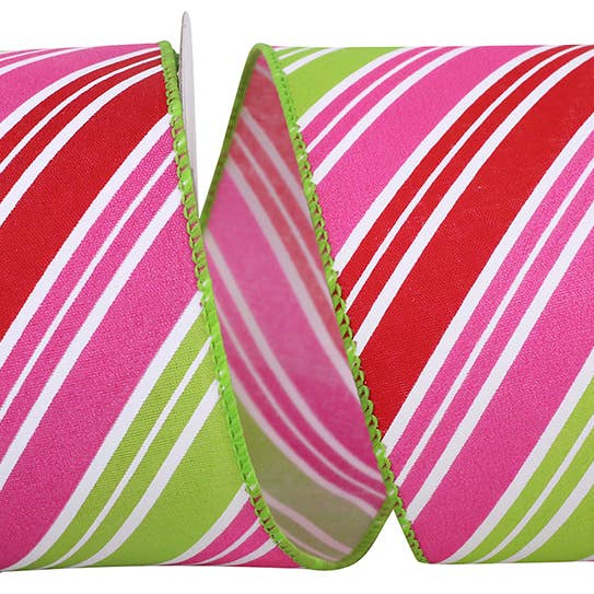 RELIANT RIBBON - Wholesale Ribbon - Gift Wrapping - Diagonal Stripe Bright Wired Edge, Watermelon, 2-1/2 In