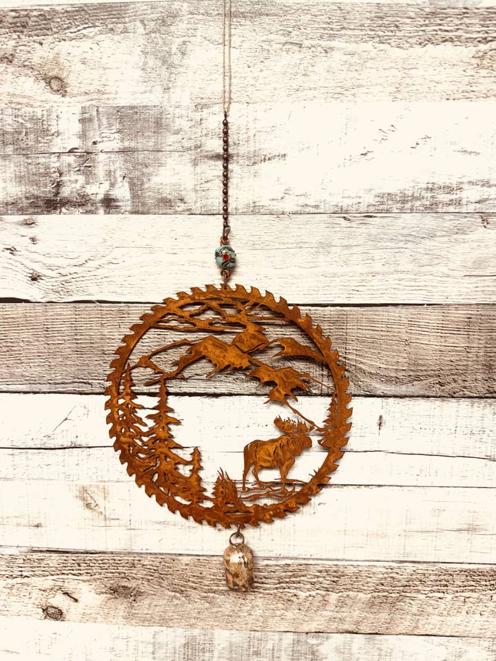 Lame de scie de jardin en métal rustique Moose, Bell Chime Lodge, cadeau pour la vente par Universal Ironworks USA