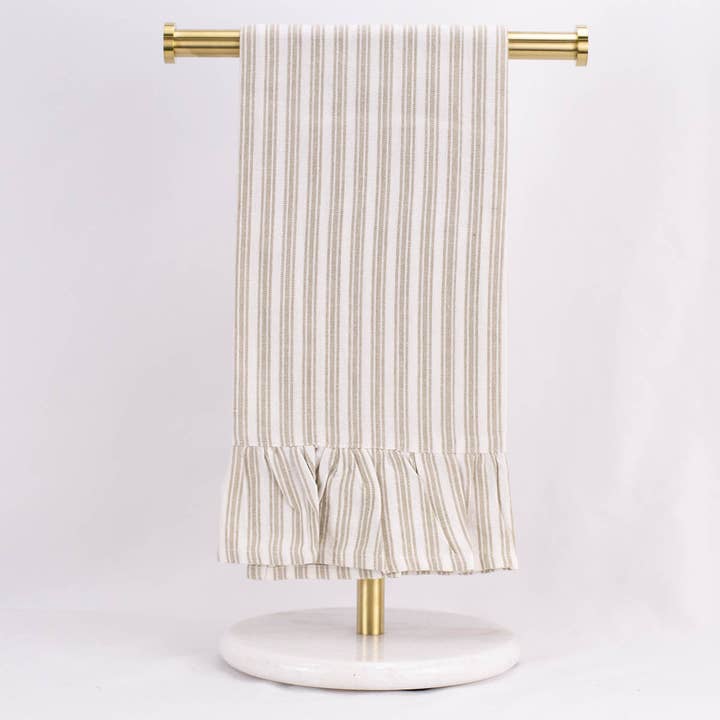 The Royal Standard - Wholesale Hand Towel - Ticking Stripe Ruffle Hand Towel Taupe/White 20x28