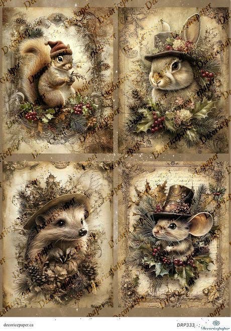 Decoricepaper - Wholesale Craft Supplies - DRP333 - Winter Animals with Hats - Rice Paper A40