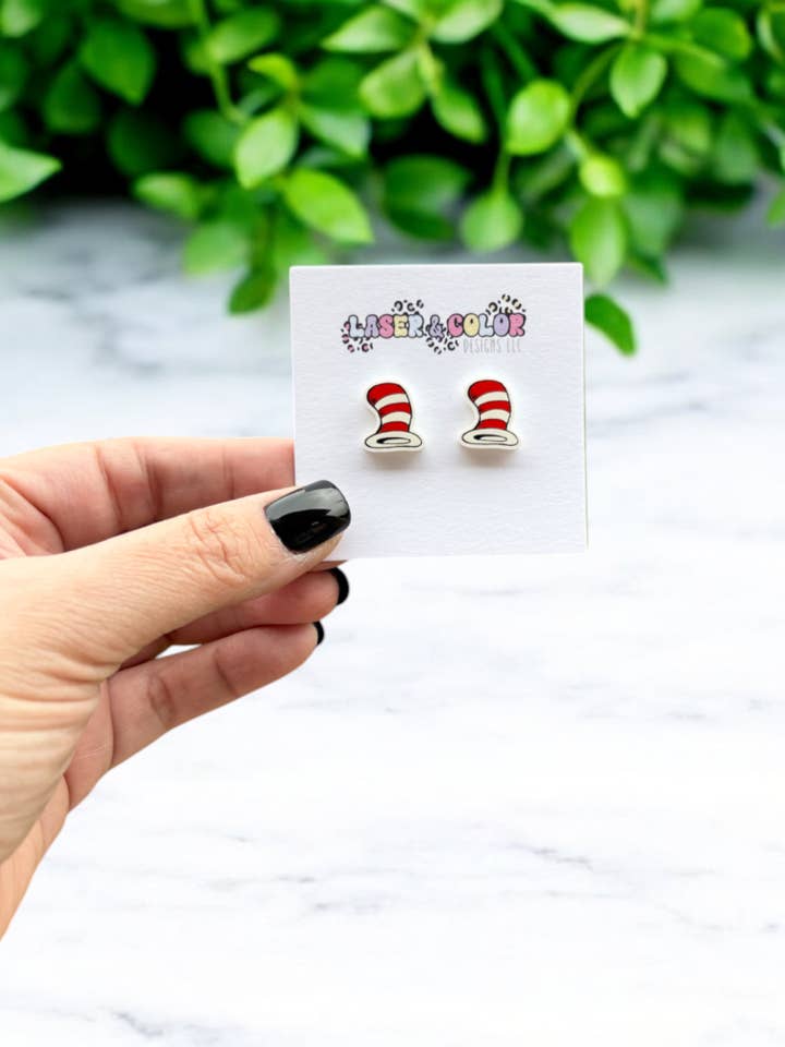Cat in the Hat Earrings, Teacher Earrings, Dr. Seuss for wholesale by Laser & Color Designs LLC