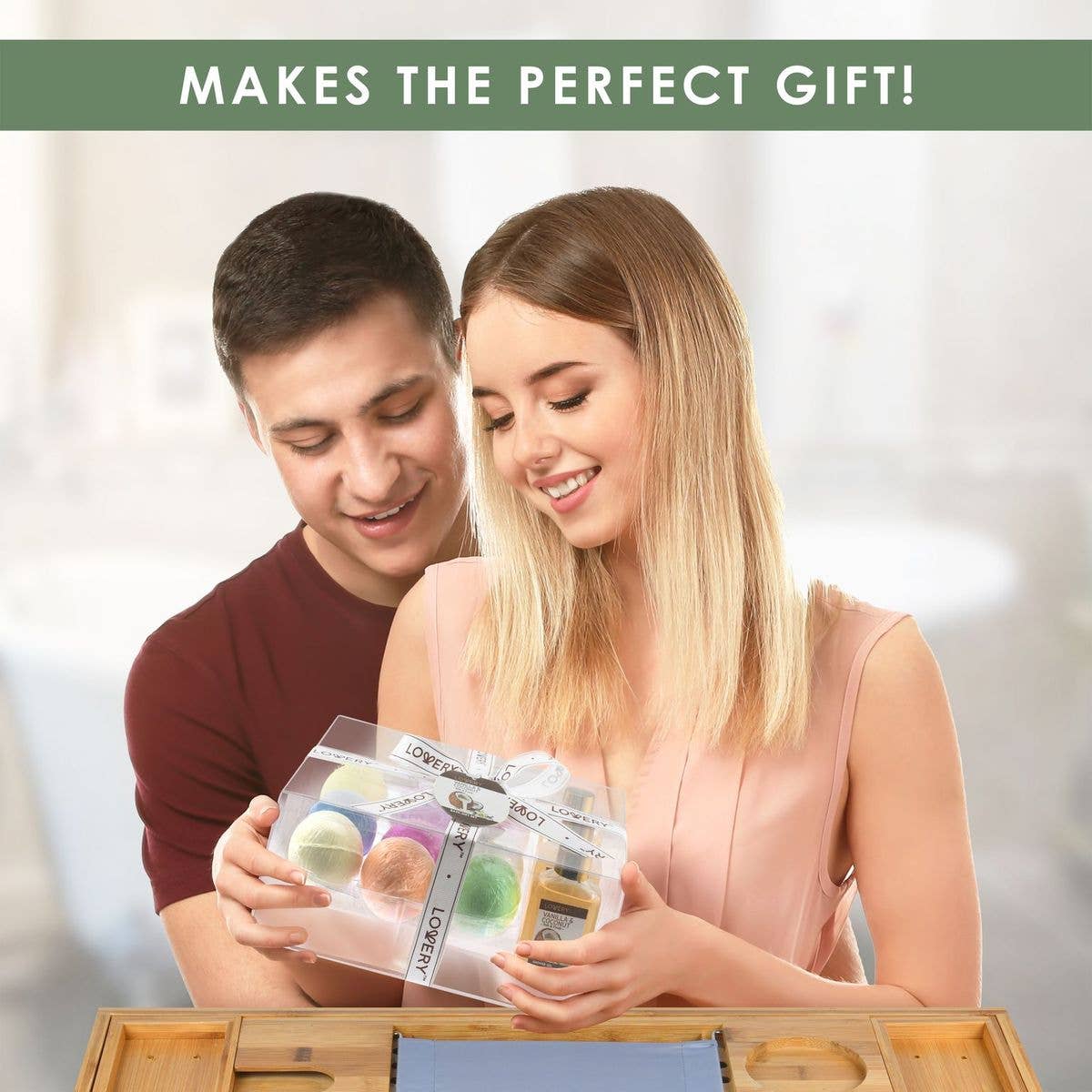 Lovery - Wholesale Bath & Body Set - Bamboo Bathtub Caddy Gift Set - Expandable Tray + Bath Bombs10