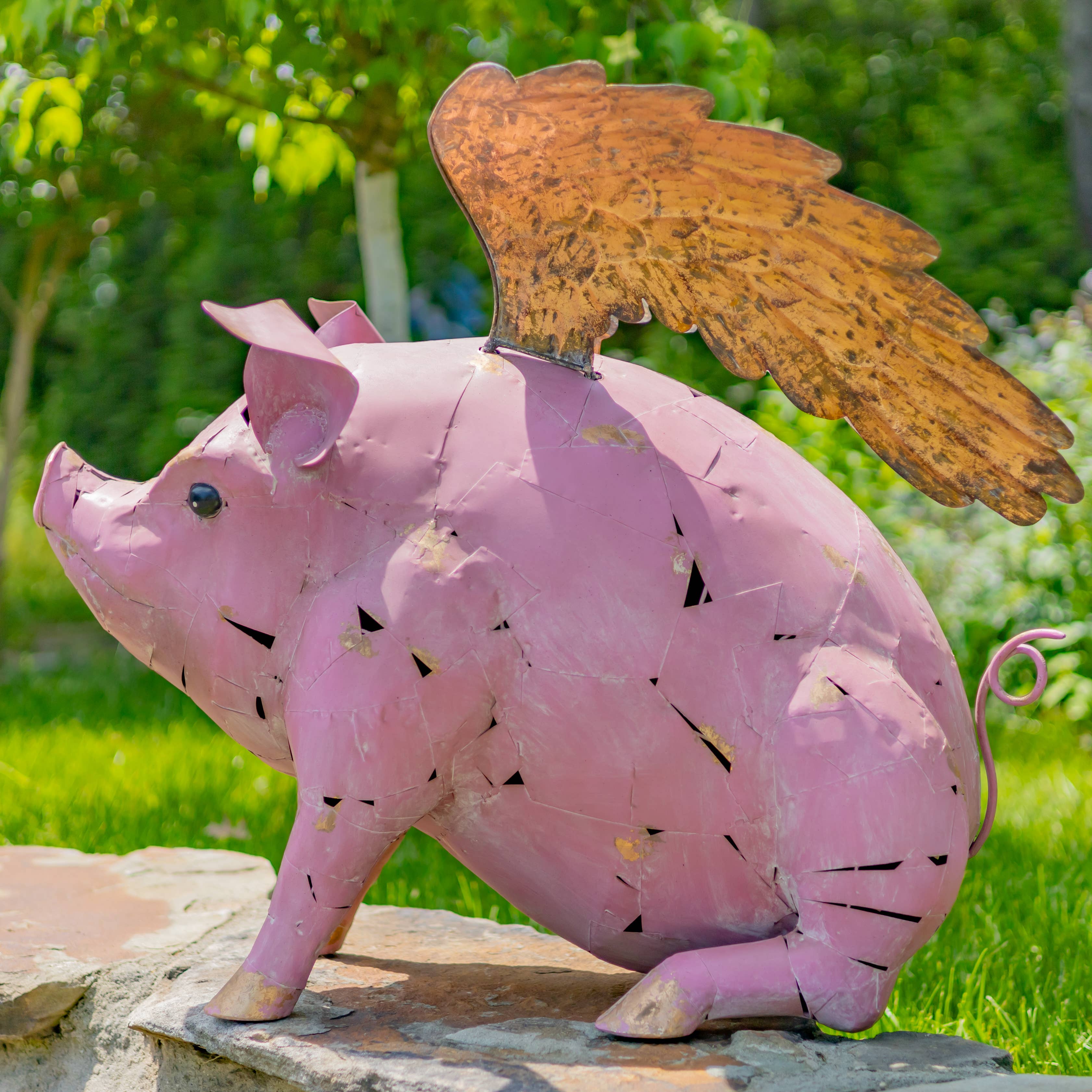 Zaer Ltd. International - Wholesale Outdoor Ornament/Decor - 30.5" Tall Flying Pink Iron Pig Statue with Golden Wings5