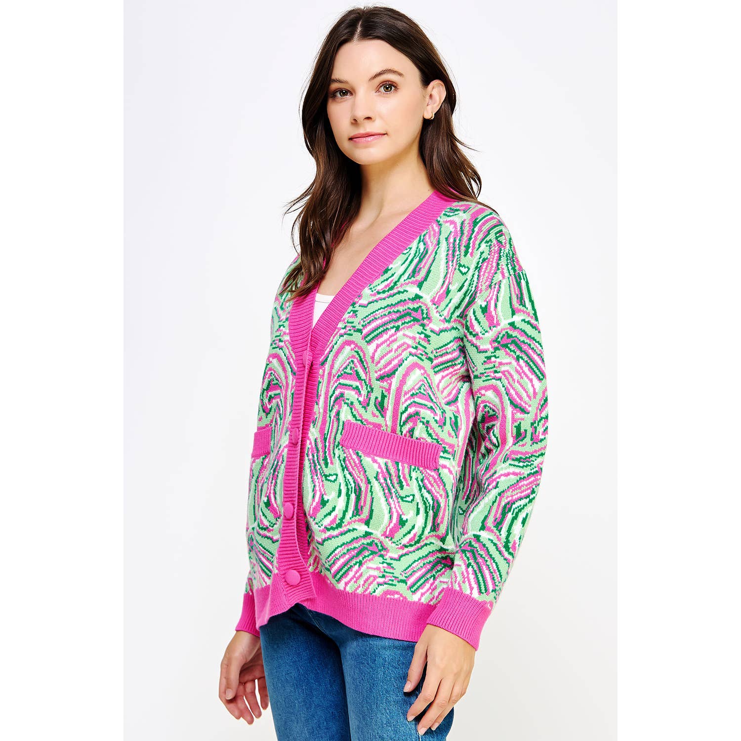 Rosa/Grön Multi Swirl Print Stickad Cardigan för wholesale på Faire4
