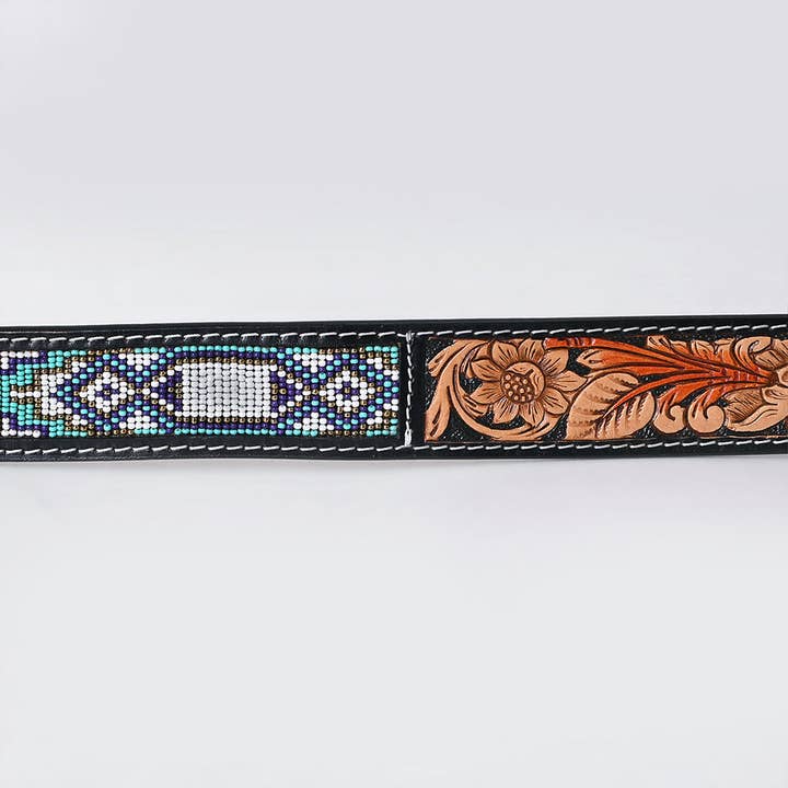 LS Western - Wholesale Belt - Women's - ADBLF270 Icy Turquoise Navajo Beaded Western Belt with Tooled Leather Buckle3