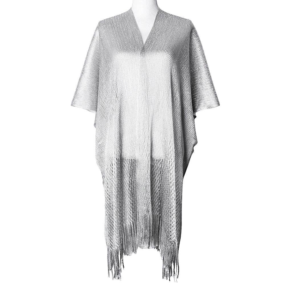 anbfashion – wholesale Kimono – Women's – Metallic Sheer Kimono Cover-Up Bottom Fringe LVPO-0033