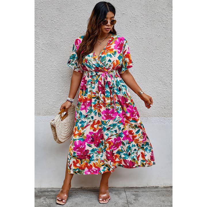 MULTI Plus Size Floral Print Cross Belt Fit Dress for wholesale on Faire