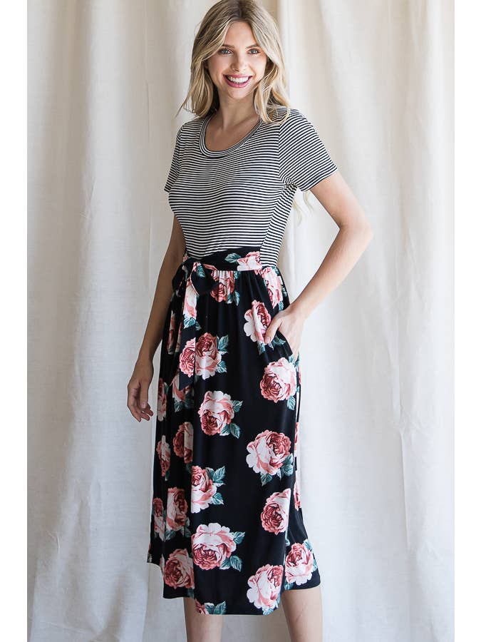 7th Ray - Wholesale Dress - Women's - Floral Waist Tie Short Sleeve A-Line Midi Dress D419912