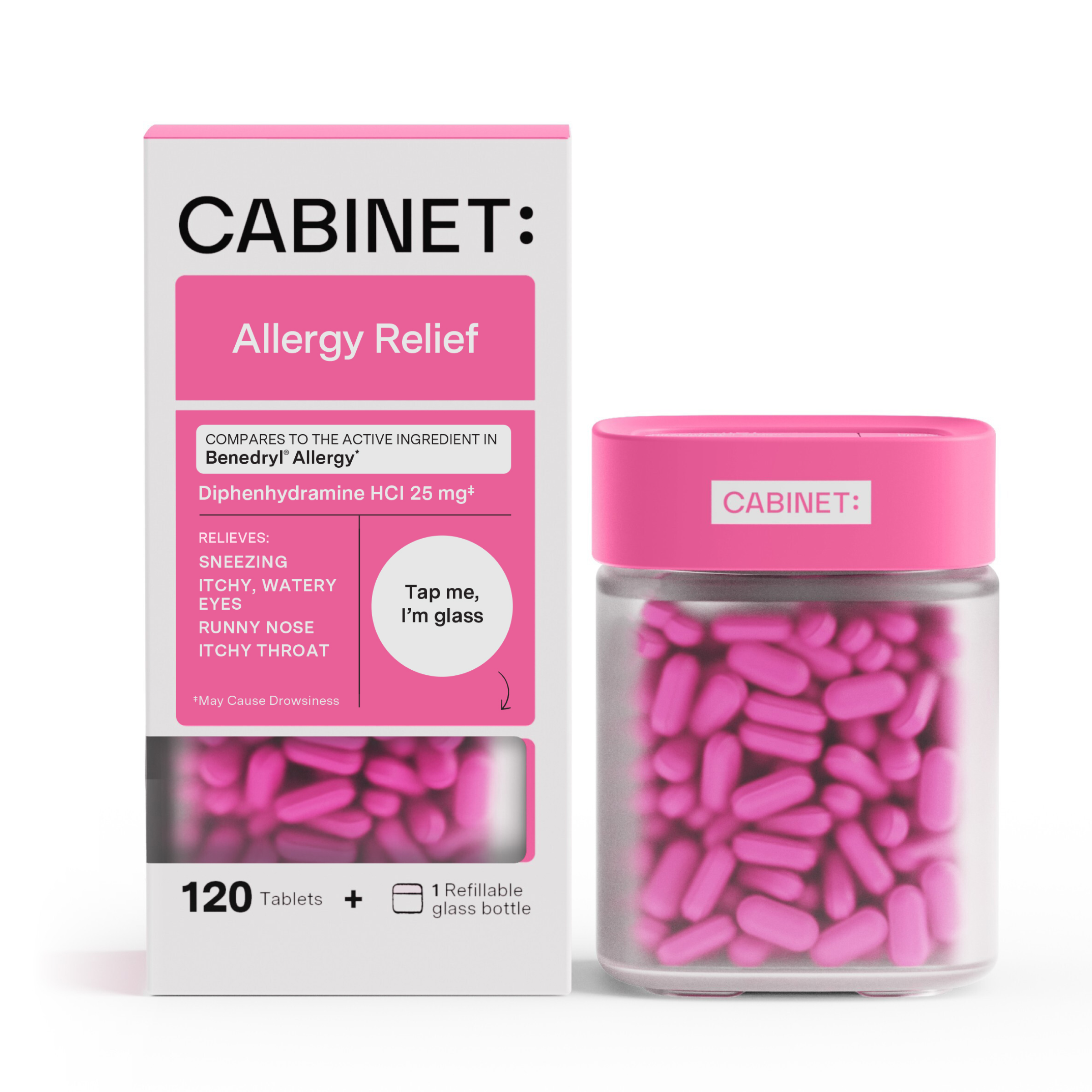 Cabinet Health - Wholesale Oral Supplement/Vitamin - Allergy Relief Refillable Glass Bottle - 120ct0