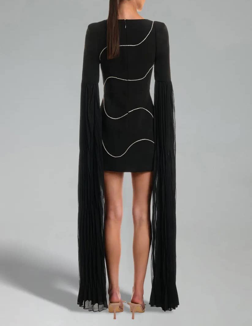Svart DR364Bandageklänning med diamantkedjeslitsar och lång ärm för wholesale på Faire1
