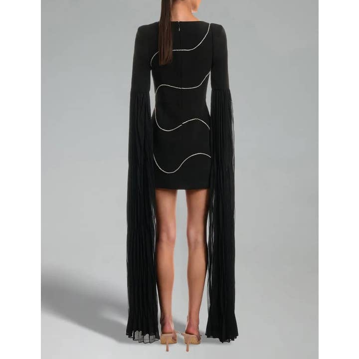 Svart DR364Bandageklänning med diamantkedjeslitsar och lång ärm för wholesale på Faire1