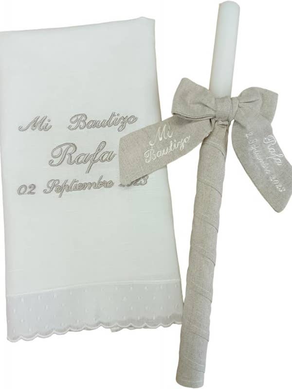 Sæt med personliggjort lys og tørklæde til dåb - Linned for engroshandel hos Borda y Más Complementos Infantiles, S.L.