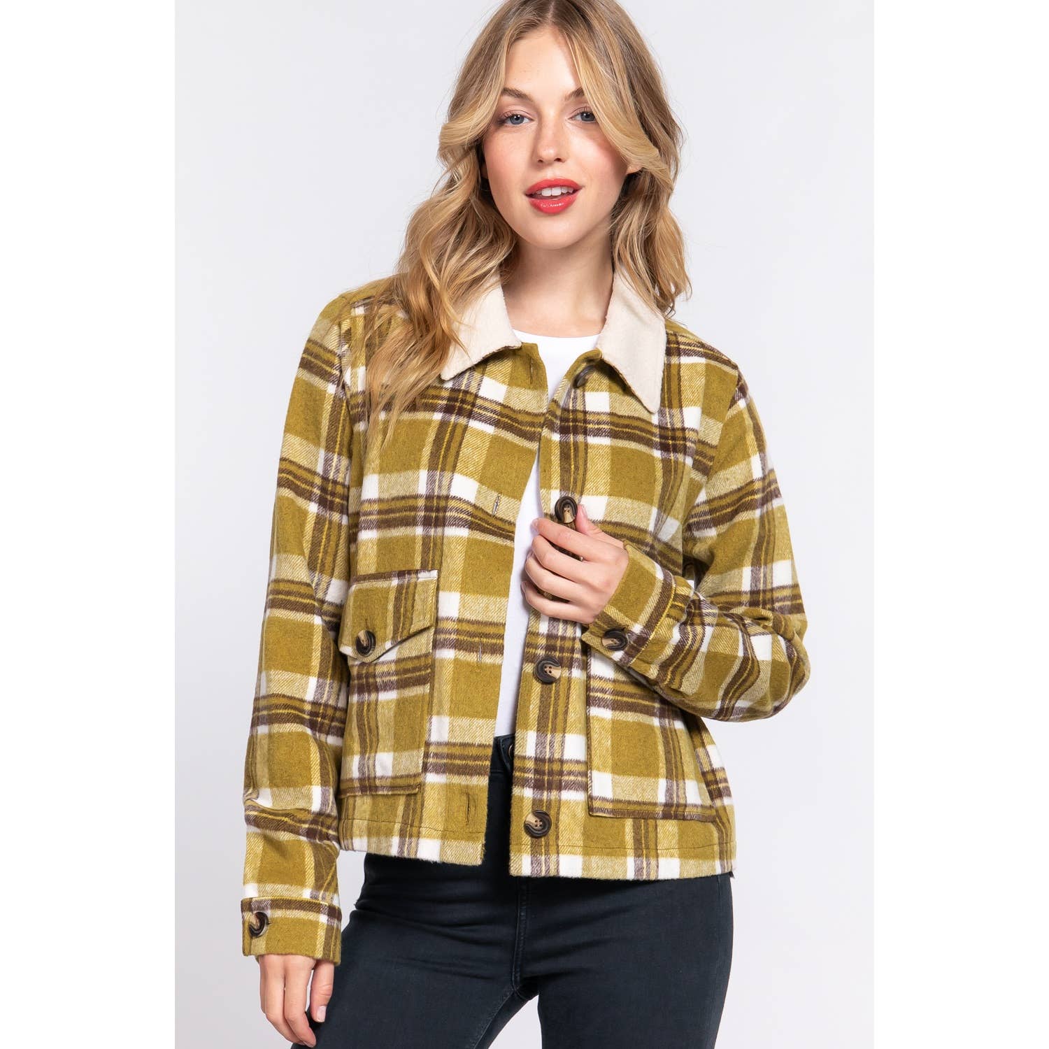 Apolline - Wholesale Shirt Jacket/Shacket - Women's - FAUX FUR COLLAR PLAID SHACKET8