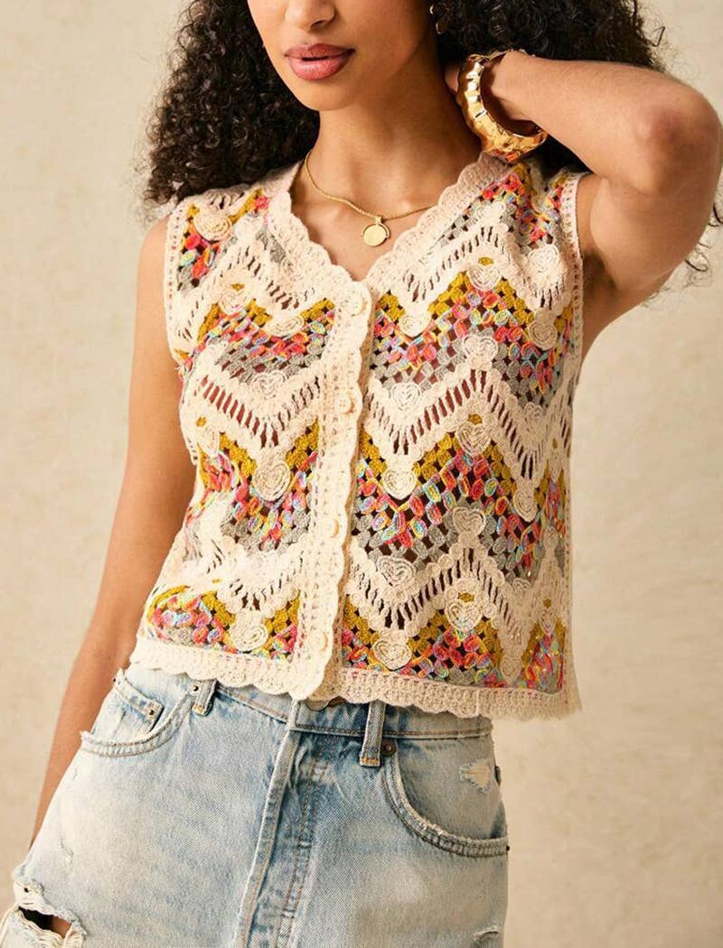 FLOWERY Crochet Pattern Sleeveless Button-Down Top for wholesale on Faire1