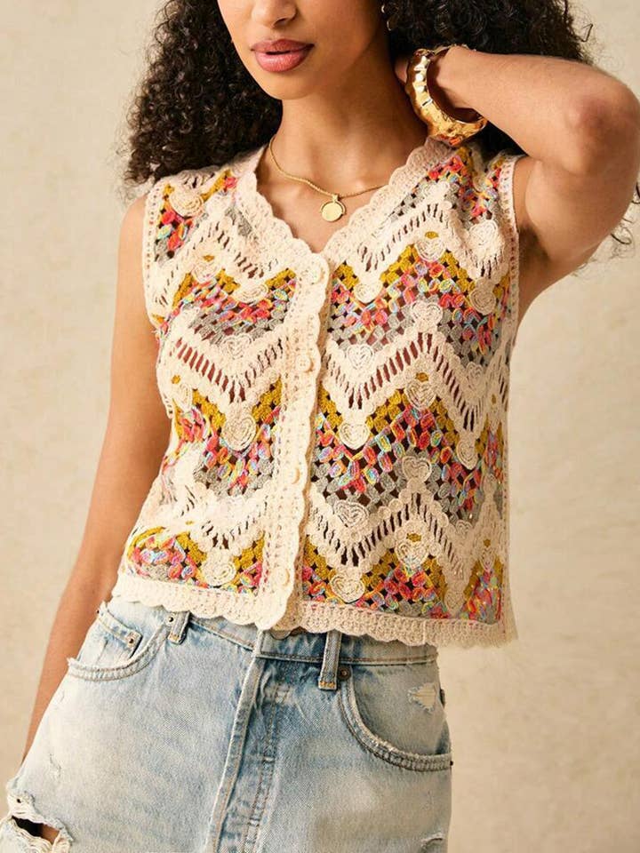FLOWERY Crochet Pattern Sleeveless Button-Down Top for wholesale on Faire1