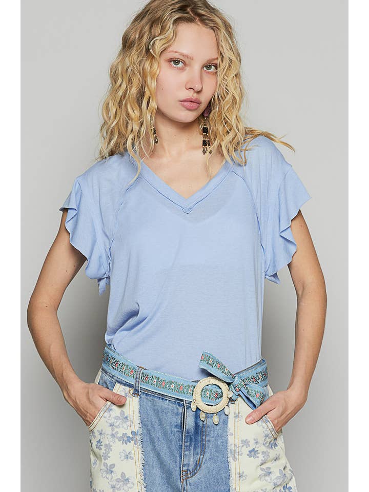 Pol Clothing - Wholesale T-Shirt - Women's - V-neck ruffle short sleeve solid basic cotton top20
