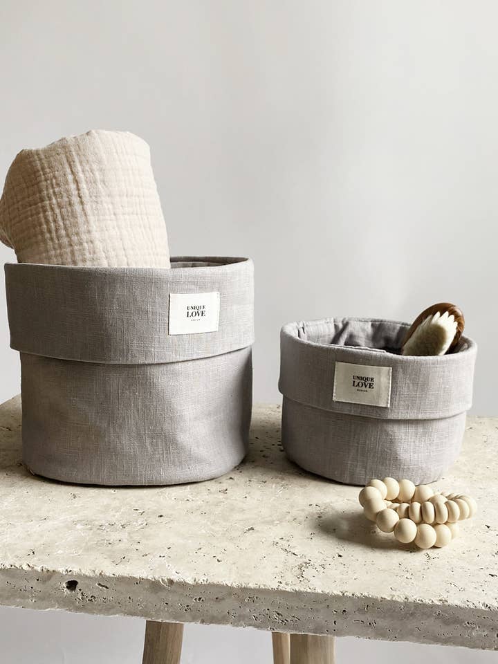 Conjunto de 2 cestos de armazenamento em linho | cinza suave por atacado de UNIQUE LOVE Design