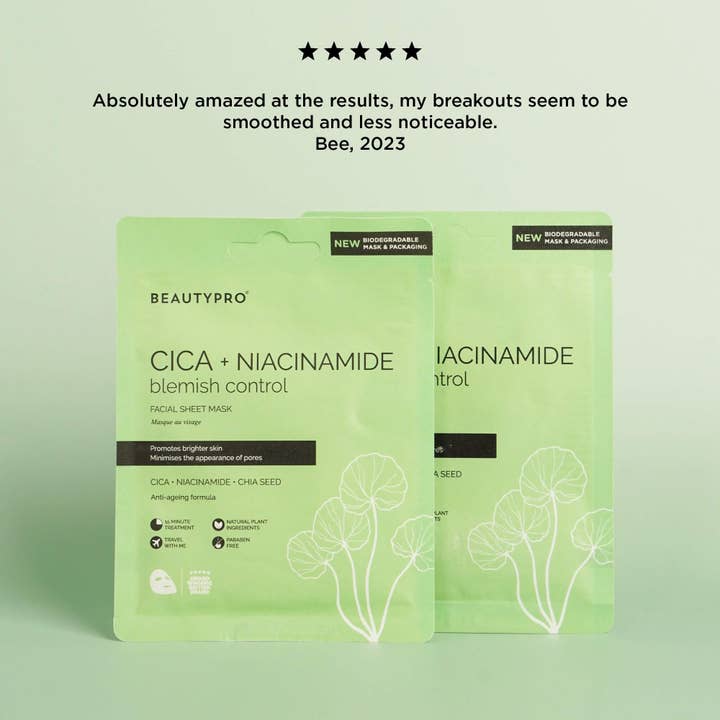 BEAUTYPRO – wholesale Skincare face mask – CICA + NIACINAMIDE Facial Sheet Mask - 100% Biodegradable10