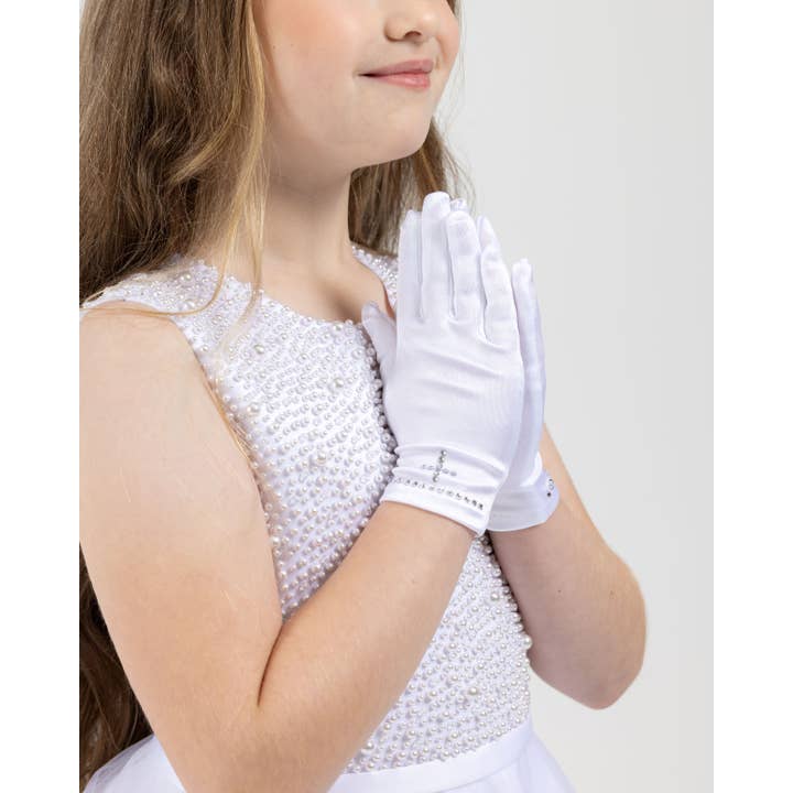 White Girl's Communion Gloves with Cross Diamonds G-4 for wholesale on Faire1
