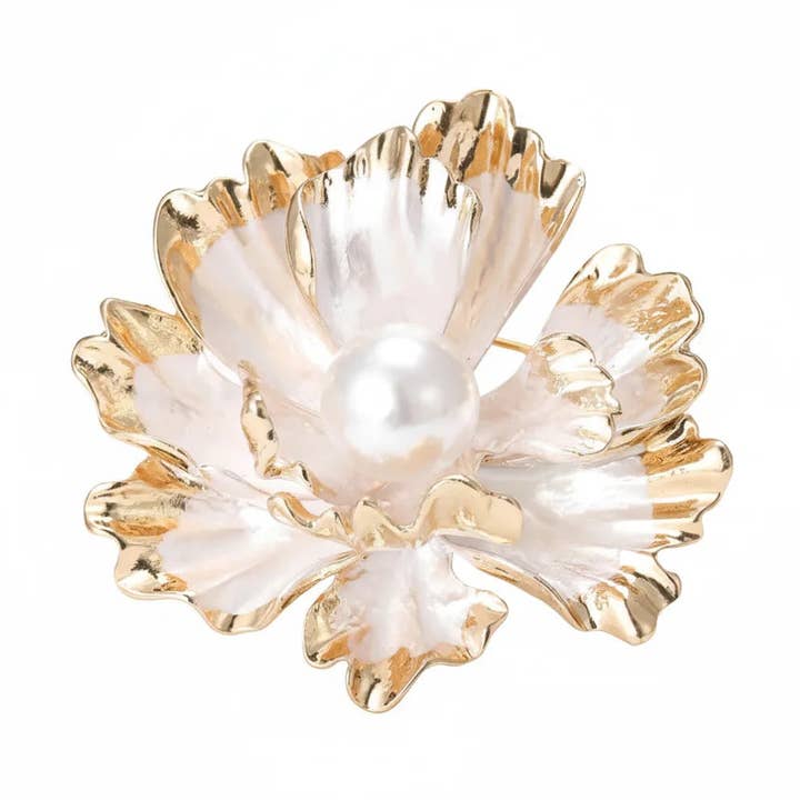 Gold Peony Pearl Brooch for wholesale by Angel Barocco
