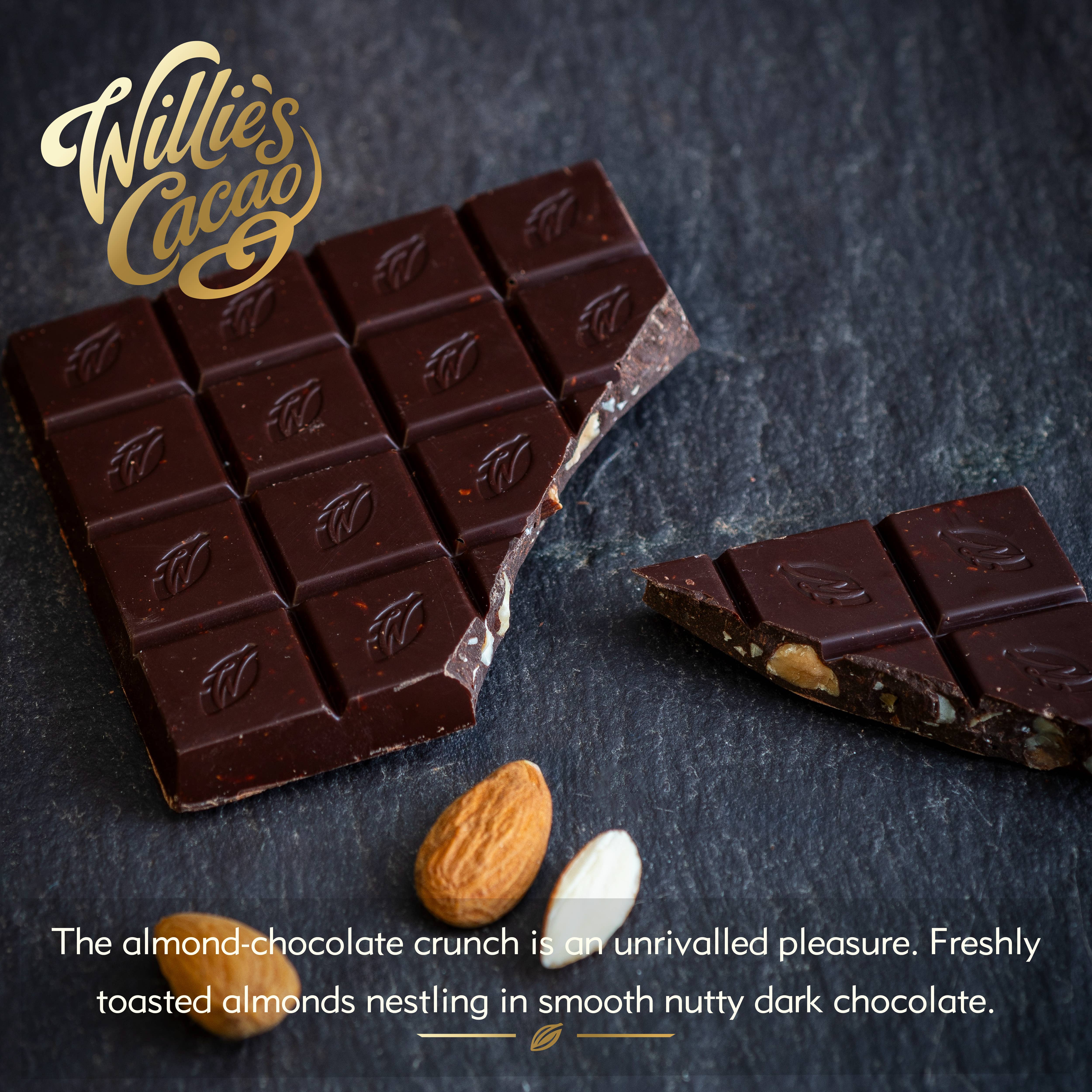 Willie's Cacao - Wholesale Chocolate bar - Almendra. Dark chocolate with almonds. Vegan. 50g bar2