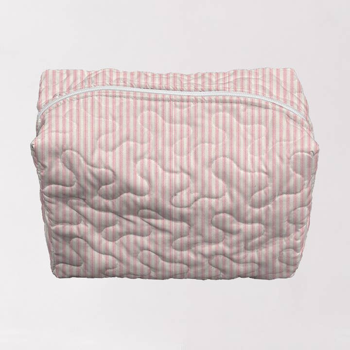 Ticking-Streifen-Leinen / Fuchsia gesteppte Kosmetiktasche für den Großhandel von Ida Mae Home