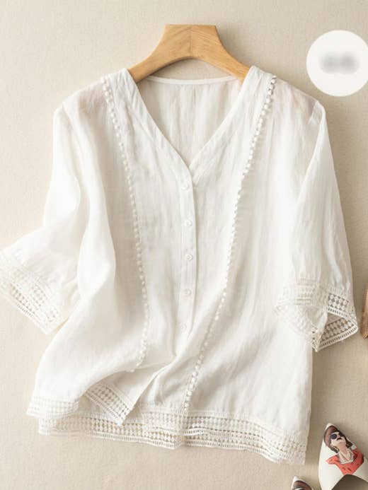 Whisper Mint - Wholesale Blouse - Women's - Mid-Sleeve Crochet Blouse|Vintage Artistic Summer Shirt