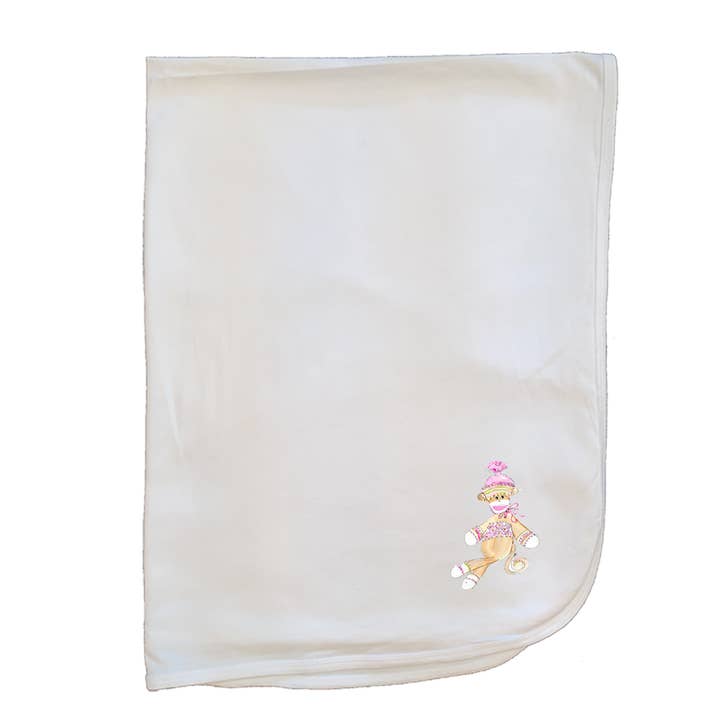 Cotton Baby Blanket 724 Pink Sock Monkey for wholesale by Designs By Beverly, LLC