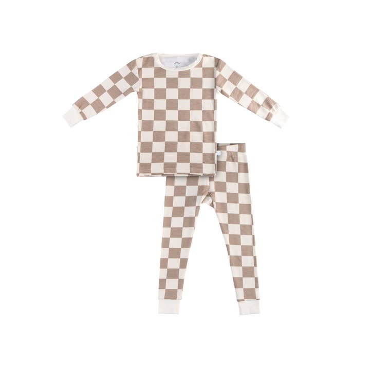 Toddler/Kids Bamboo Pajamas - Oat Latte Checkerboard for wholesale by Dreamland Baby