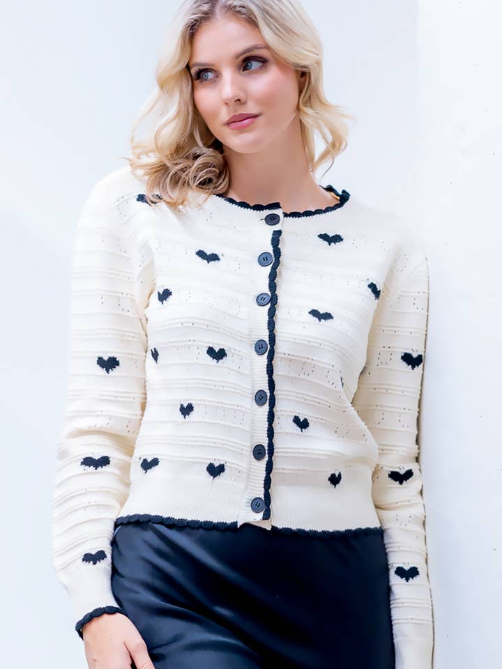 ALT8160T-sweater cardigan with heart crochet detail for wholesale by Taelynn