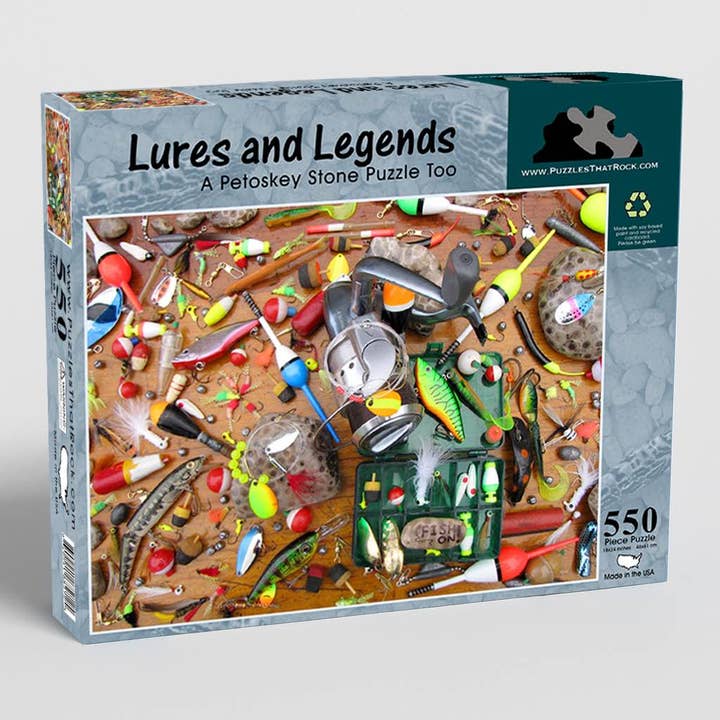 Lures and Legends: Fishing Lures 550-Piece Puzzle for wholesale by Puzzles That Rock
