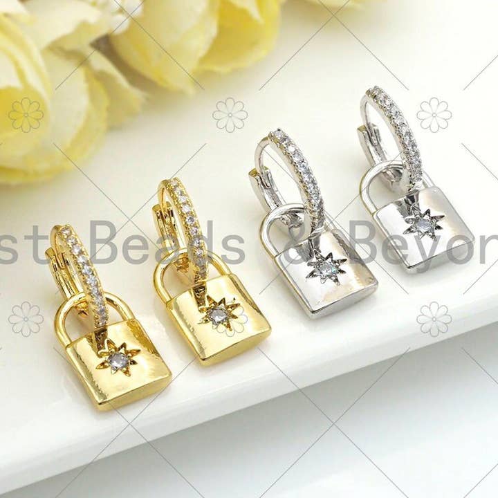 Dangle Pave Lock Shape Earring,Sku#O10 for wholesale by BestBeads&Beyond