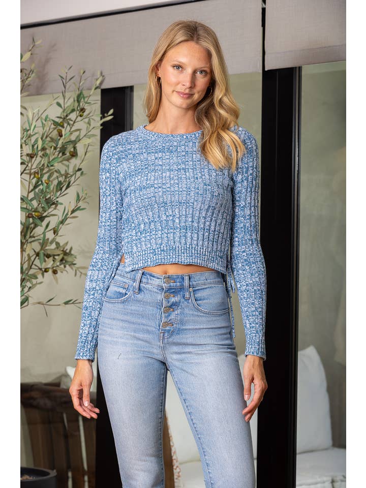 DENIM CABLE KNIT CROP SWEATER IBT15788 for wholesale on Faire1