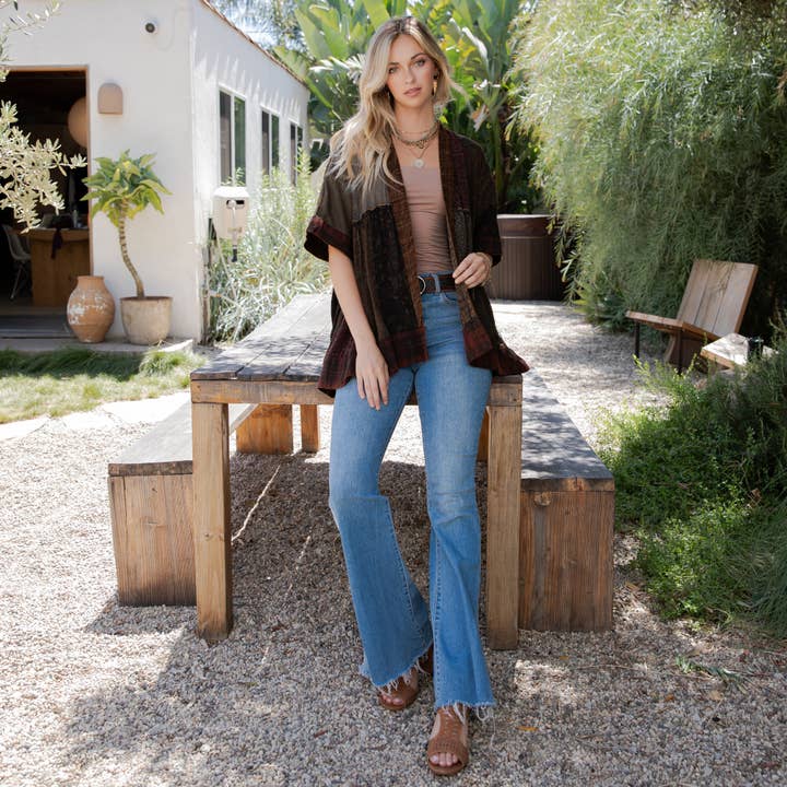 Young Threads - Wholesale Kimono - Women's - Mixed Patch Kimono Shrug with Draped Asymmetric Hem5