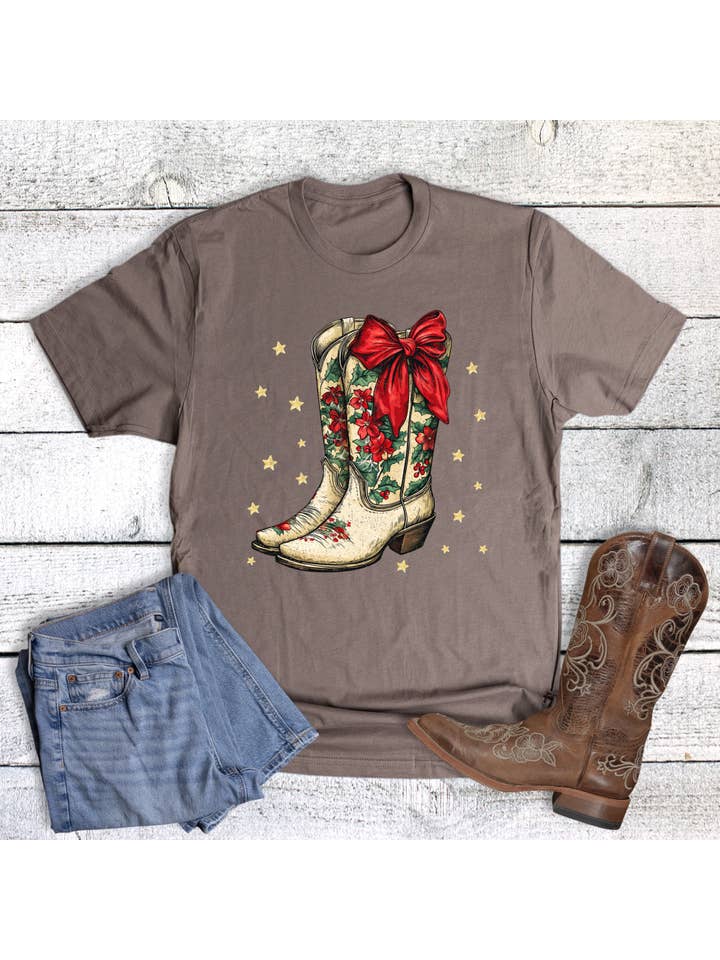 Shitake Christmas Red Bow Boots Graphic Tee for wholesale on Faire