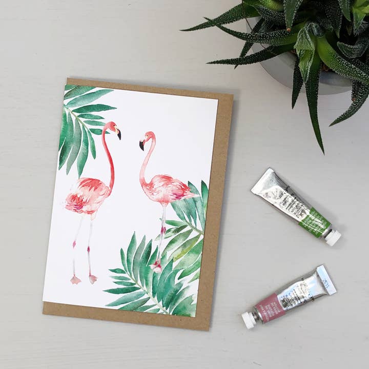 Flamingos Tropical hand painted greetings card for wholesale by Katie Hipwell Design