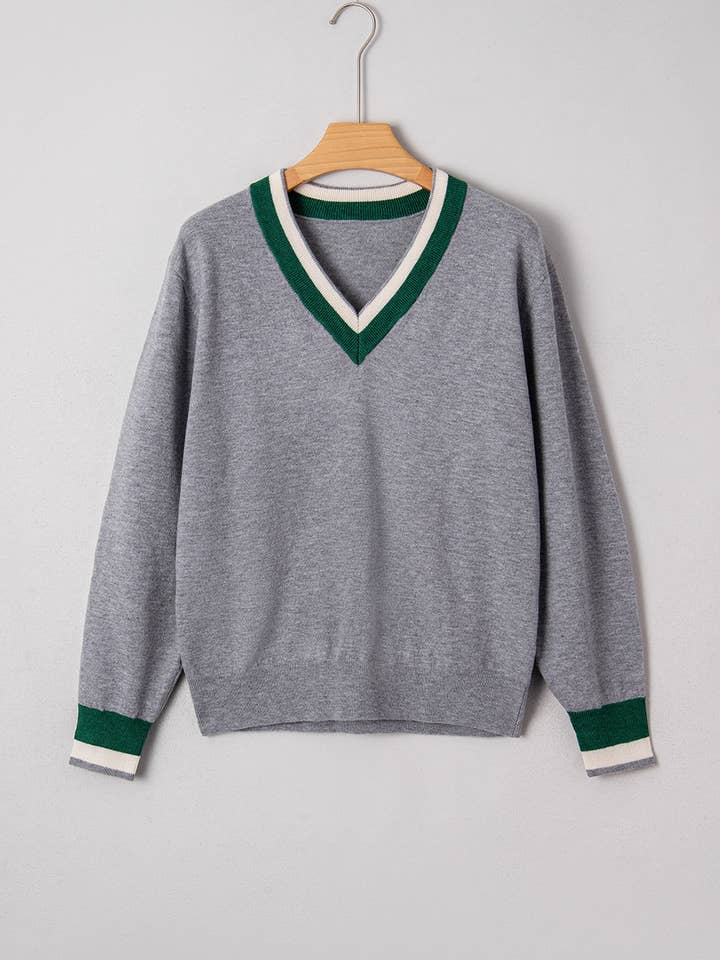 Maglione Varsity a Righe con Bordo Scarlatto per la vendita all'ingrosso da parte di Poppy Lee Lane