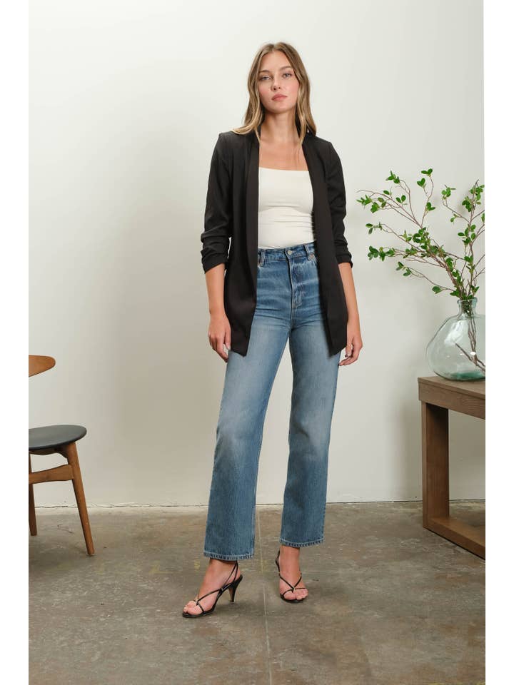 The Workshop Studio - Wholesale Blazer - Women's - COLLARLESS 3/4 RUCHED SLEEVE LONGLINE BLAZER4